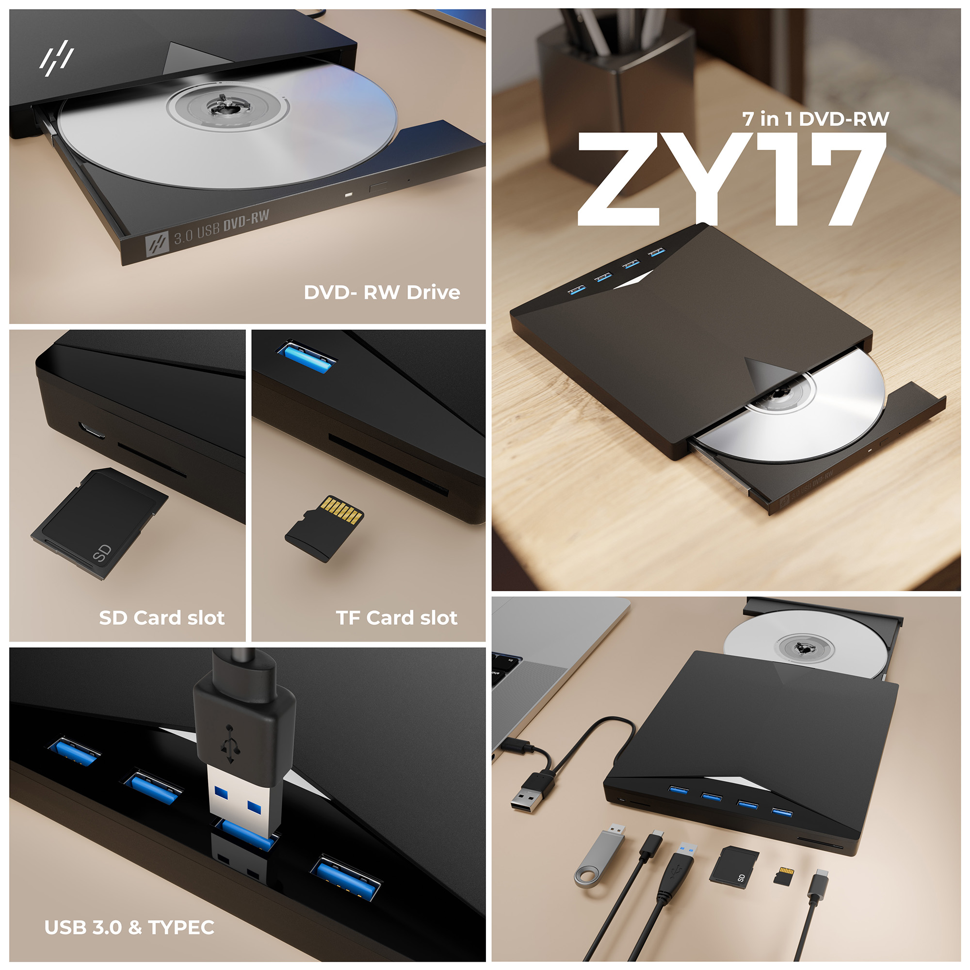 ZY17: 7 in 1 plug and play DVD drive & USB hub